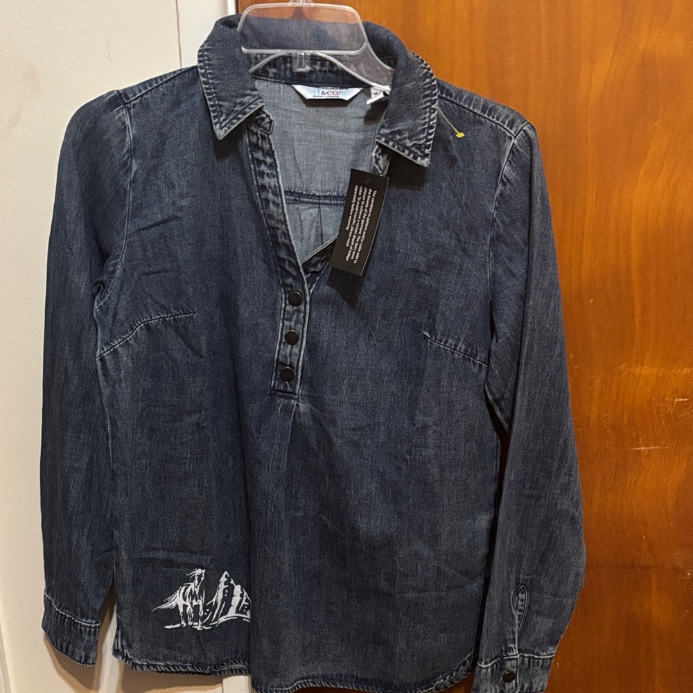 Denim Button-Up Women's Top horse design